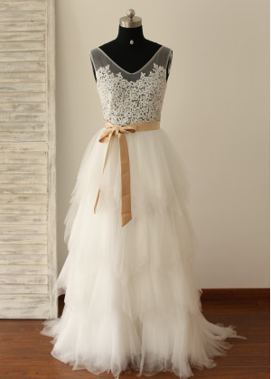 Sheer Lace Ruffle Tulle Long Prom Dress